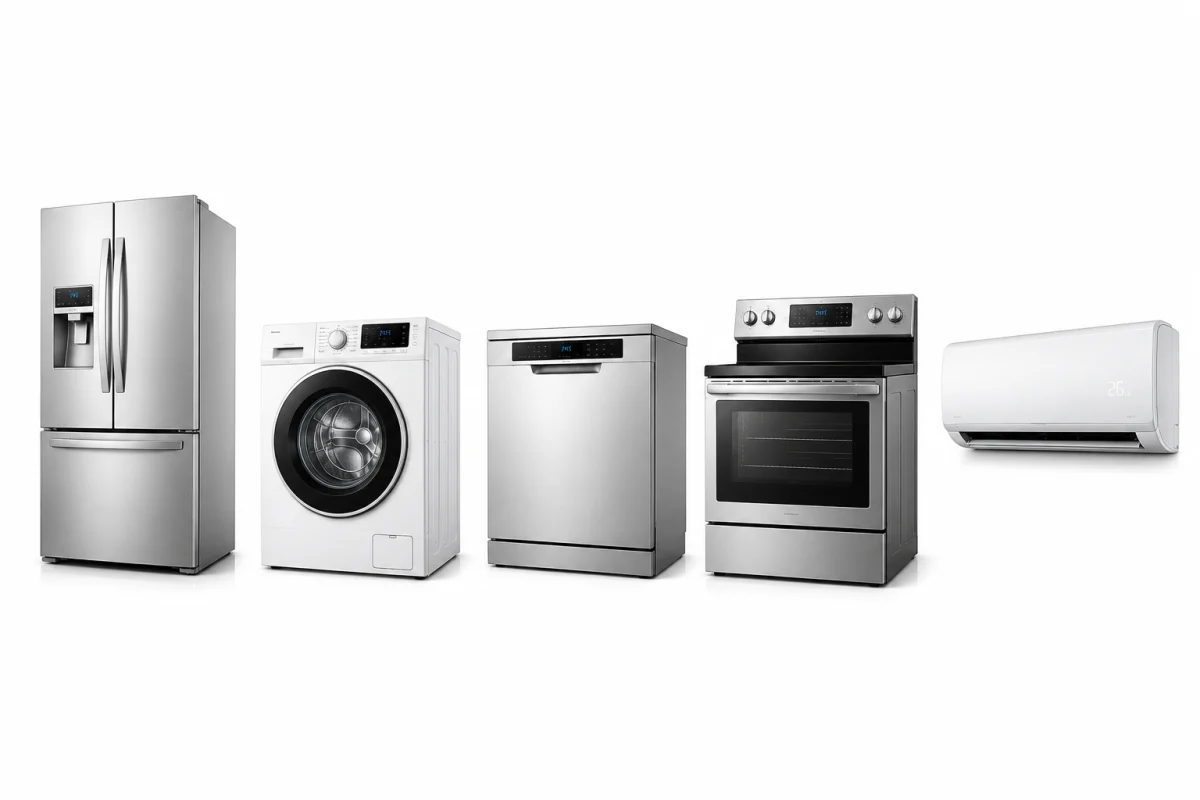 88 Appliances & AC 常备家电：法式多门冰箱、前开门洗衣机、洗碗机、电炉灶、分体式空调一字排开
